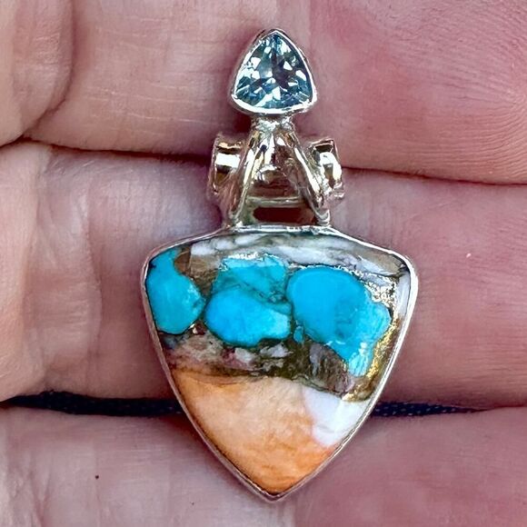 Composite Spiny Oyster & Arizona Turquoise Sterling Silver Pendant - Picture 3 of 6